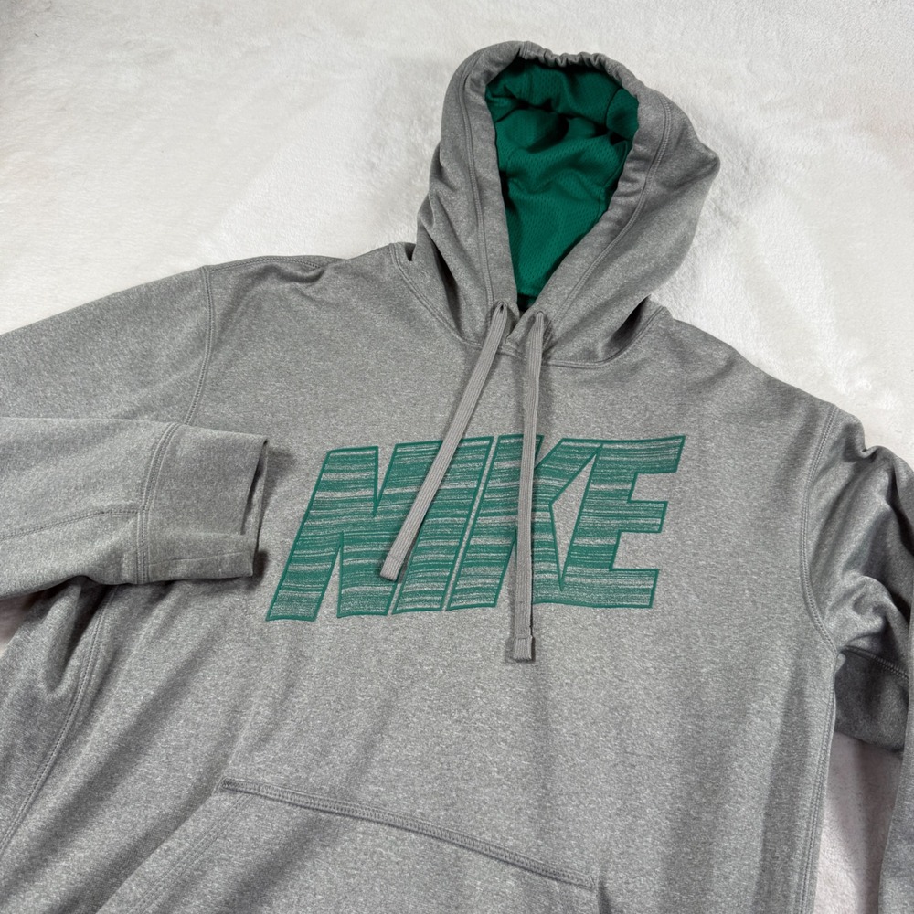 Nike‎ Therma-FIT Mens Hoodie Gray Green Graphic Logo Pullover Sweatshirt Medium